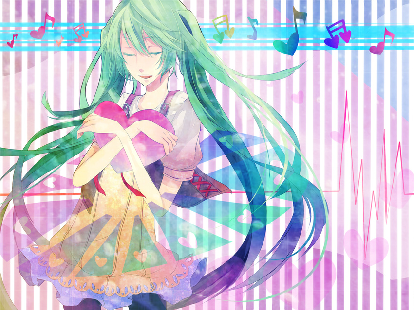 bad_id bad_pixiv_id closed_eyes dress green_hair hatsune_miku heart long_hair musical_note pantyhose solo striped striped_background twintails very_long_hair vocaloid zero14