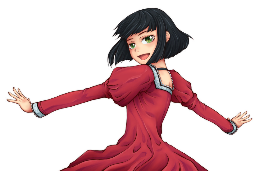 bad_id bad_pixiv_id black_hair dress gisele_alain gisele_alain_(character) green_eyes highres looking_back open_mouth outstretched_arms shigarami_kyouma short_hair smile solo spread_arms