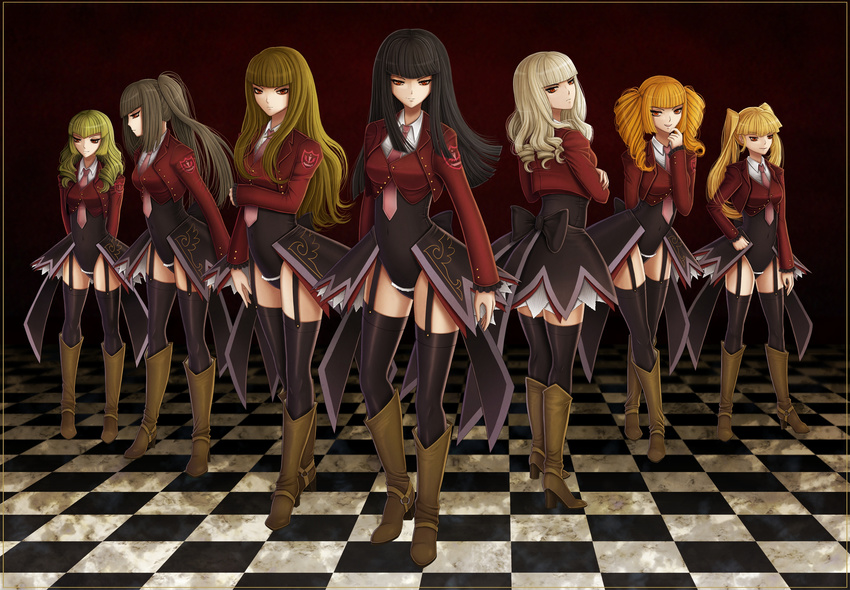 absurdres asmodeus beelzebub belphegor black_hair black_legwear blonde_hair boots breasts brown_hair checkered checkered_floor curly_hair green_hair highres leviathan_(umineko) long_hair lucifer mammon medium_breasts multiple_girls necktie pink_neckwear red_eyes satan side_ponytail stainglass_(artist) stakes_of_purgatory thighhighs twintails umineko_no_naku_koro_ni