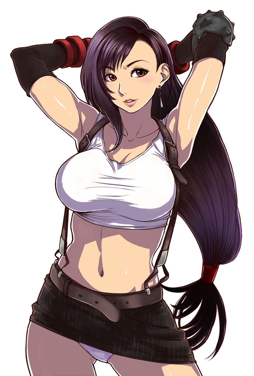 armpits arms_behind_head belt black_gloves black_hair breasts collarbone earrings elbow_gloves elbow_pads final_fantasy final_fantasy_vii gloves highres jewelry large_breasts lips long_hair low-tied_long_hair midriff miniskirt navel panties pantyshot pencil_skirt purple_hair red_eyes shirt simple_background skirt solo suspender_skirt suspenders tank_top taut_clothes taut_shirt tifa_lockhart twinpoo underwear very_long_hair white_panties