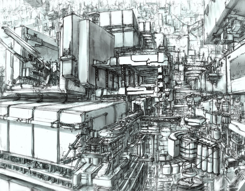 bad_id bad_pixiv_id city copyright_request crane greyscale megastructure monochrome no_humans scenery science_fiction sketch