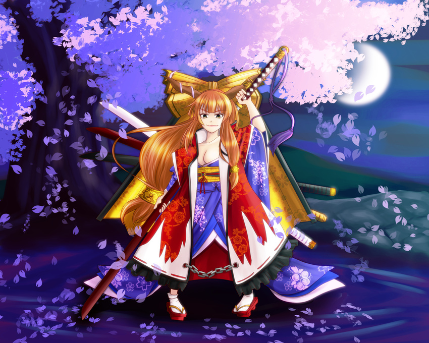 alternate_costume bow hair_bow highres ibuki_suika japanese_clothes katana long_hair orange_hair solo sword touhou untsue weapon yellow_eyes