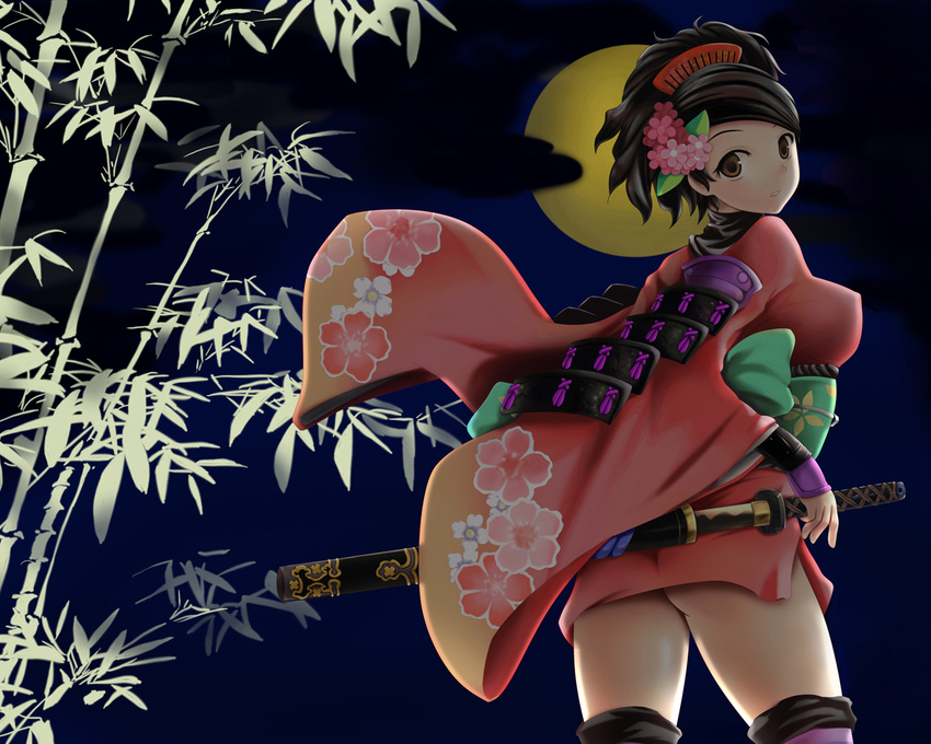 black_hair japanese_clothes momohime moon oboro_muramasa red_eyes sword thighhighs weapon