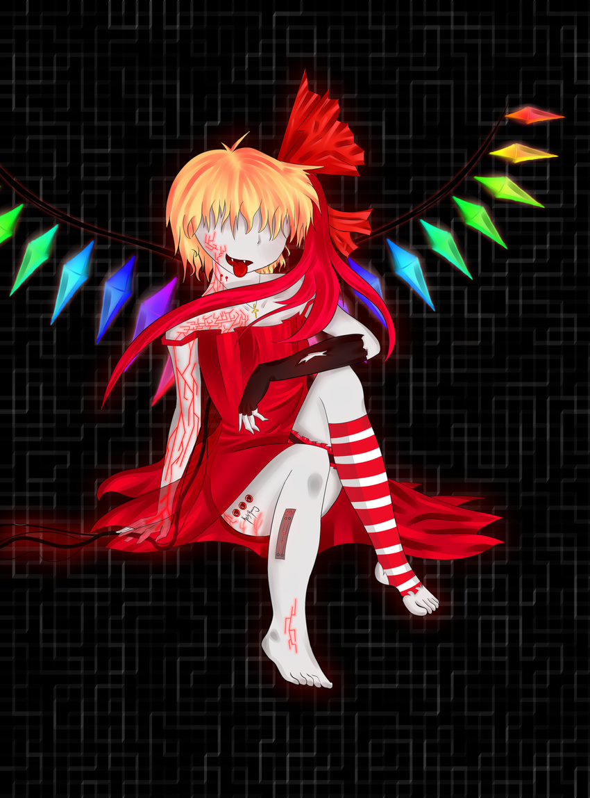absurdres barefoot blonde_hair bow dress fangs flandre_scarlet garters gloves highres no_eyes ribbon robot see-through socks solo tongue torn_clothes touhou wings
