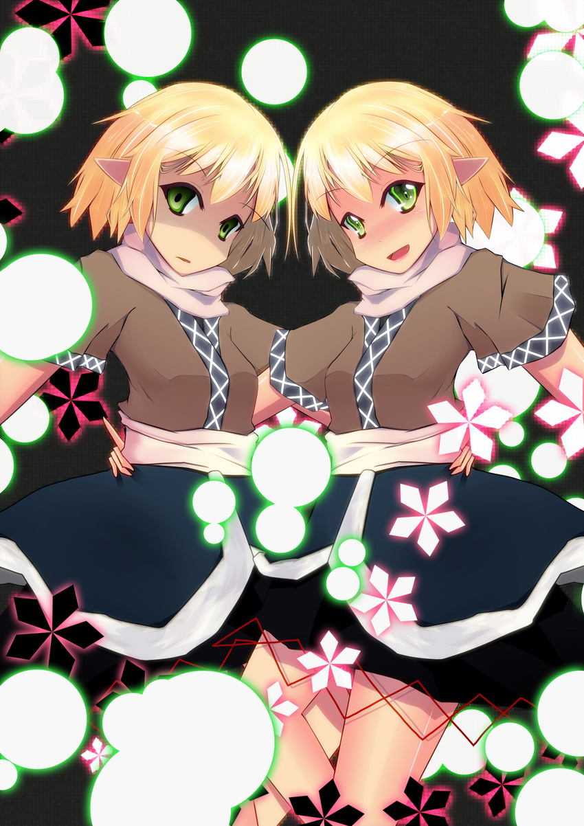 absurdres blonde_hair dual_persona empty_eyes enkin60 green_eyes hand_on_hip highres mizuhashi_parsee multiple_girls open_mouth pointy_ears scarf short_hair smile touhou
