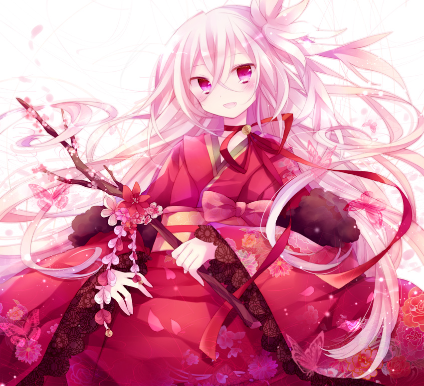 bell bell_collar bow branch bug butterfly cherry_blossoms choker collar fang feather_boa floral_print flower ibara_riato insect japanese_clothes kimono long_hair obi open_mouth original petals pink_hair purple_eyes ribbon_choker sash smile solo