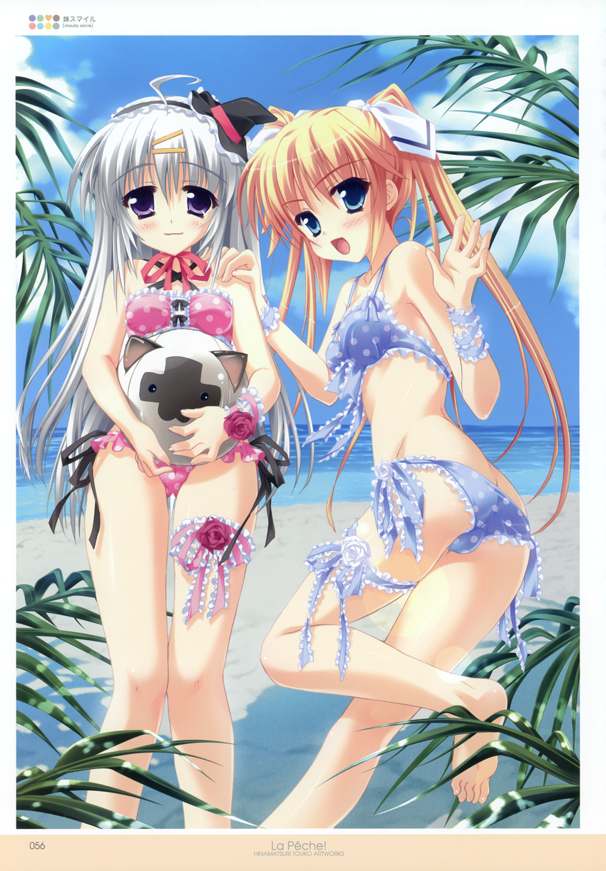 absurdres ball beach beachball bikini blonde_hair blue_eyes cat day frills highres hinamatsuri_touko image_sample imouto_smile leg_garter long_hair multiple_girls nonaka_shiki purple_eyes silver_hair swimsuit tsukino_koyomi twintails yandere_sample