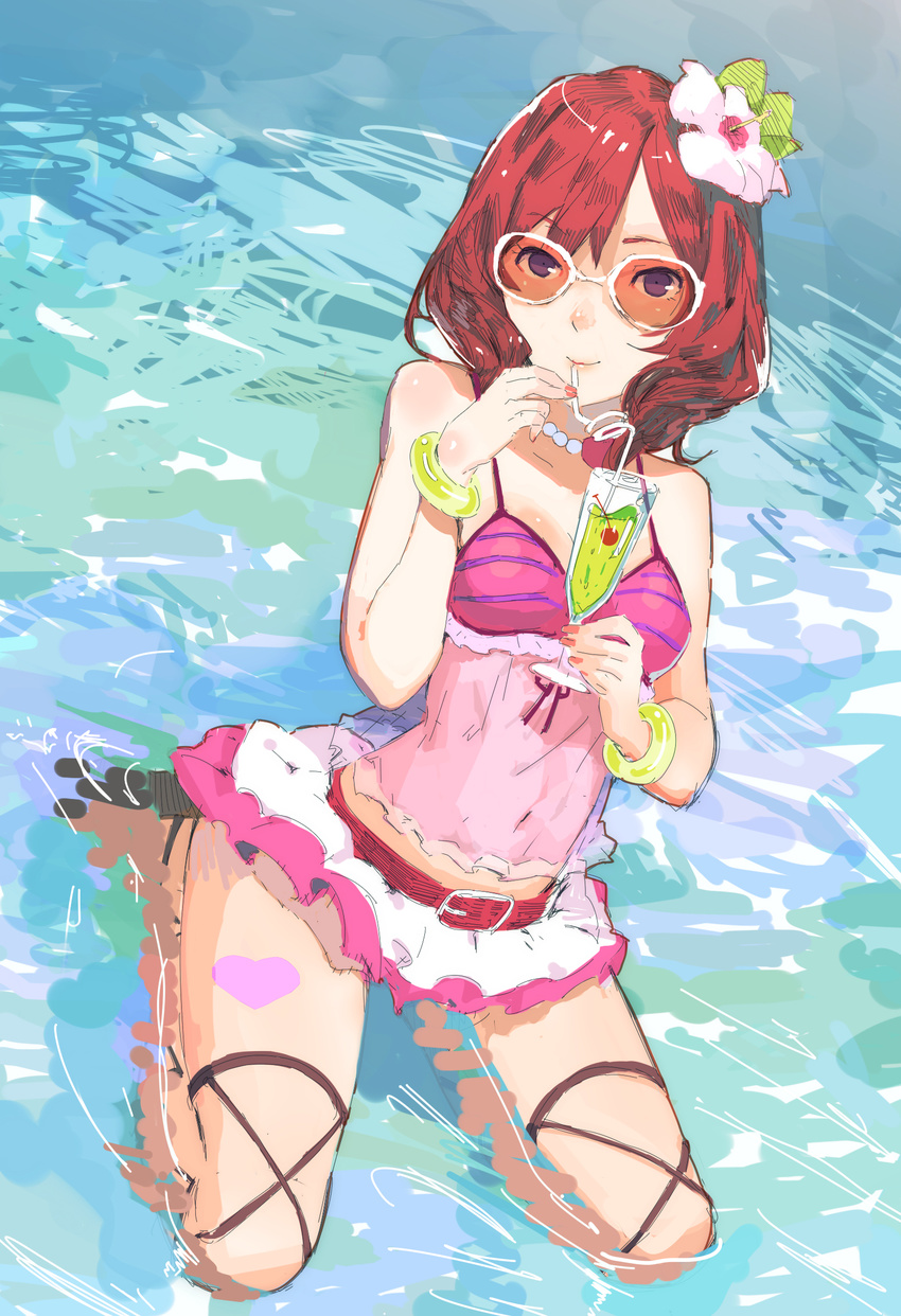 bad_id bad_pixiv_id belt bikini drink ekao flower hair_flower hair_ornament hibiscus highres love_live! love_live!_school_idol_project natsuiro_egao_de_1_2_jump! navel nishikino_maki partially_submerged purple_eyes red_hair see-through seiza sitting solo sunglasses swimsuit thighhighs tropical_drink water