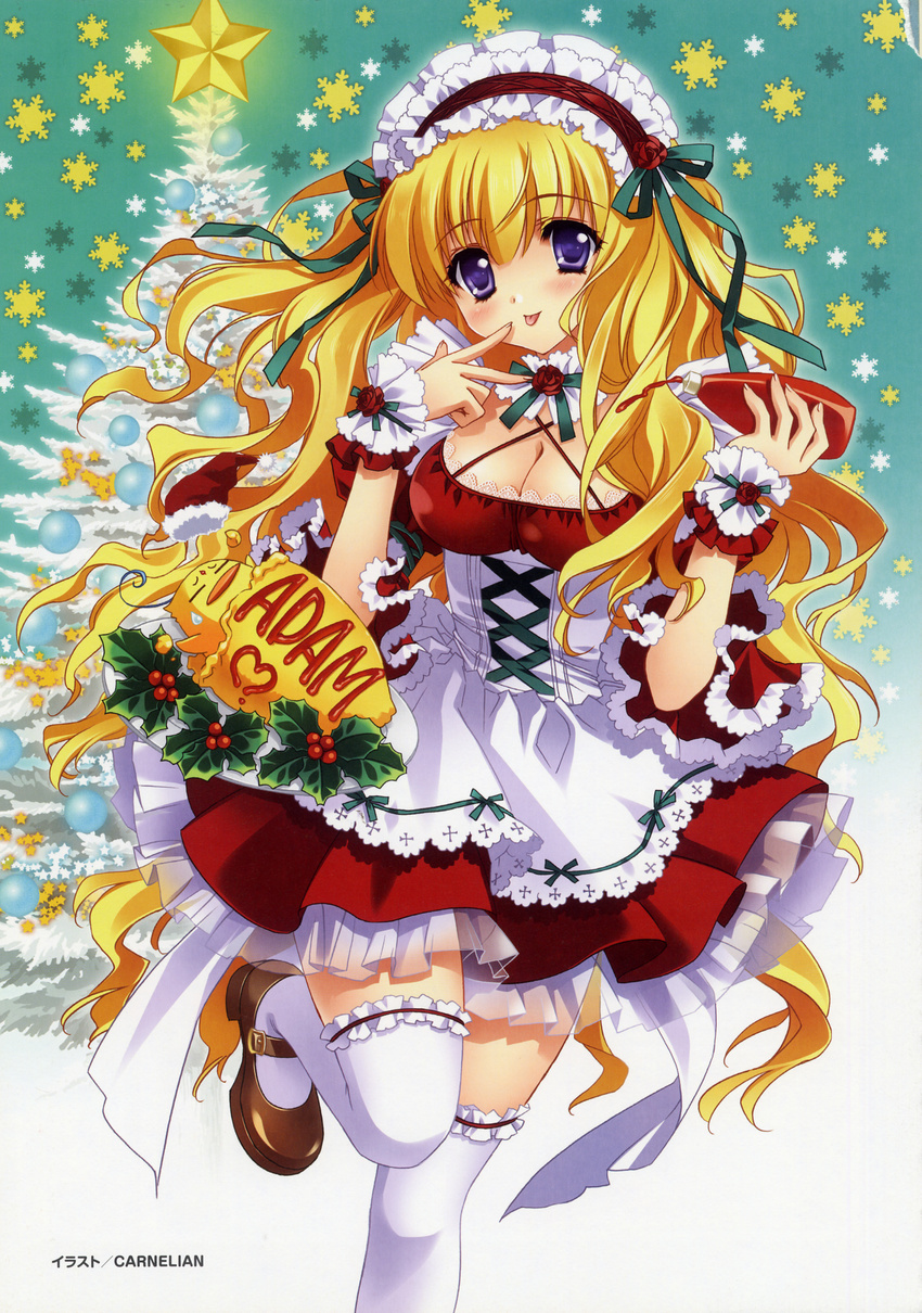 :p absurdres blonde_hair blush breasts carnelian christmas_tree cleavage garters highres ken-chan lilith_(yamibou) long_hair maid maid_headdress mary_janes medium_breasts purple_eyes shoes solo thighhighs tongue tongue_out very_long_hair white_legwear wrist_cuffs yami_to_boushi_to_hon_no_tabibito zettai_ryouiki