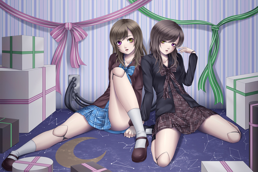 bad_id bad_pixiv_id blue_bow bow box brown_hair constellation_print doll_joints dress gift gift_box green_ribbon heterochromia mary_janes medium_hair mochi.f multiple_girls original plaid plaid_bow plaid_dress purple_eyes recharging red_bow red_ribbon ribbon shoes short_hair sitting spread_legs striped striped_background striped_bow striped_ribbon yellow_eyes