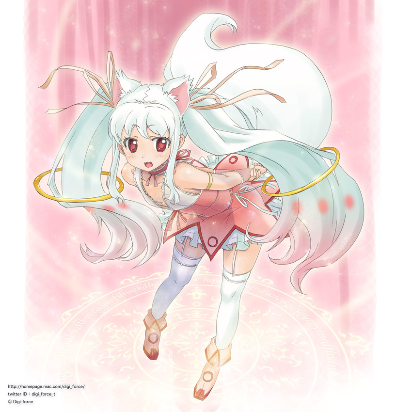 :3 animal_ears arms_behind_back cosplay garter_straps highres jewelry kaname_madoka kaname_madoka_(cosplay) kimura_shigetaka kyubey leaning_forward mahou_shoujo_madoka_magica personification ribbon sidelocks solo tail thighhighs twintails white_hair white_legwear zettai_ryouiki