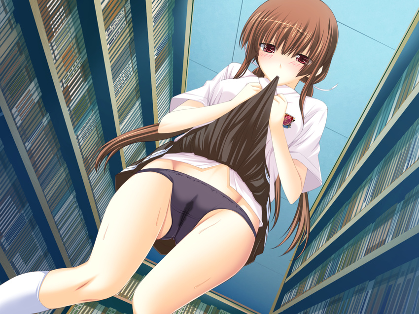 blush brown_hair futsu_janai game_cg himesawa_sayaka panties red_eyes seifuku skirt_lift sukima underwear