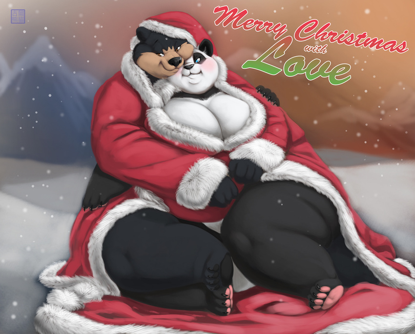 blush breasts christmas couple fat gillpanda gillpanda_(artist) gillpanda_(character) holidays male mammal obese overweight panda snow xmas