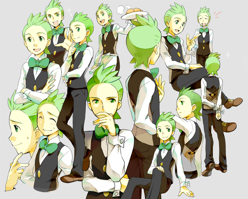 1boy :d ^_^ adjusting_neckwear apron arm_at_side arms_behind_back bad_id bad_pixiv_id black_pants black_vest blush bow brown_footwear character_sheet chin_stroking closed_eyes closed_mouth collared_shirt crossed_arms dent_(pokemon) facing_away facing_viewer food frown green_bow green_eyes green_hair green_neckwear grey_background gym_leader hair_slicked_back hand_on_own_arm hand_on_own_knee heel_up holding_arm invisible_chair komugi_(wabisuke_maruden) laughing long_sleeves looking_at_viewer looking_away male_focus multiple_views open_hand open_mouth outstretched_arm pants plate pointing pokemon pokemon_(game) pokemon_bw profile shirt shoe_soles shoes simple_background sitting sleeve_cuffs smile standing standing_on_one_leg steam sweat vest waist_apron waistcoat waiter white_apron white_shirt