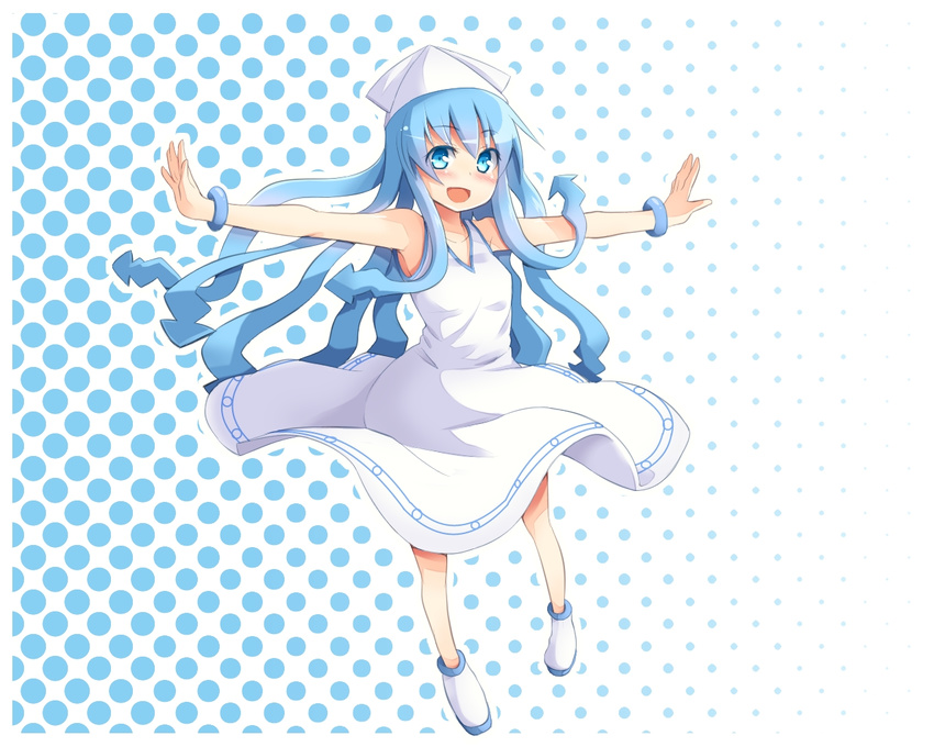 binsen blue_eyes blue_hair dress hat ikamusume long_hair outstretched_arms shinryaku!_ikamusume solo spread_arms tentacle_hair