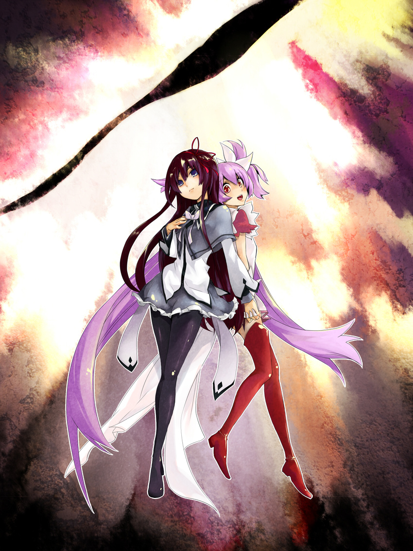 akemi_homura back-to-back black_hair blue_eyes boots hand_on_own_chest highres holding_hands kaname_madoka long_hair magical_girl mahou_shoujo_madoka_magica multiple_girls nino_(shira) pantyhose purple_hair red_eyes ribbon smile spoilers thigh_boots thighhighs two_side_up ultimate_madoka