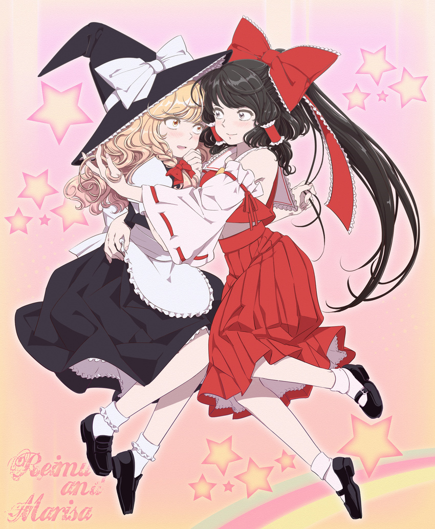 bad_id bad_pixiv_id bare_shoulders black_hair blonde_hair blush bobby_socks bow braid curly_hair detached_sleeves hair_bow hakurei_reimu hat highres hug kirisame_marisa loafers mary_janes multiple_girls navel ofuton_zeb rainbow shoes simple_background smile socks star touhou witch_hat yellow_eyes yuri