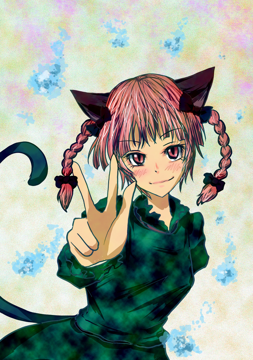 absurdres animal_ears blush bow braid cat_ears cat_tail face foreshortening hair_bow hands highres kaenbyou_rin red_eyes red_hair solo sukuna-bikona_(tokoyo_no_higashi) tail touhou twin_braids v