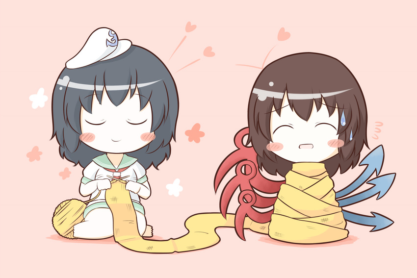 ^_^ bad_id bad_pixiv_id black_hair blush_stickers brown_hair chibi closed_eyes hat heart houjuu_nue knitting knitting_needle multiple_girls murasa_minamitsu needle sailor sailor_hat scarf short_hair shorts south114 sweatdrop touhou wings yarn yarn_ball