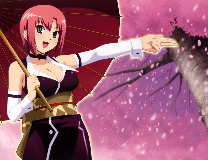 absurdres adapted_costume artist_request breasts cherry_blossoms choker cleavage detached_sleeves green_eyes highres japanese_clothes kimono large_breasts oriental_umbrella parasol pink_hair red_hair rio_rollins short_hair smile solo super_blackjack tree umbrella