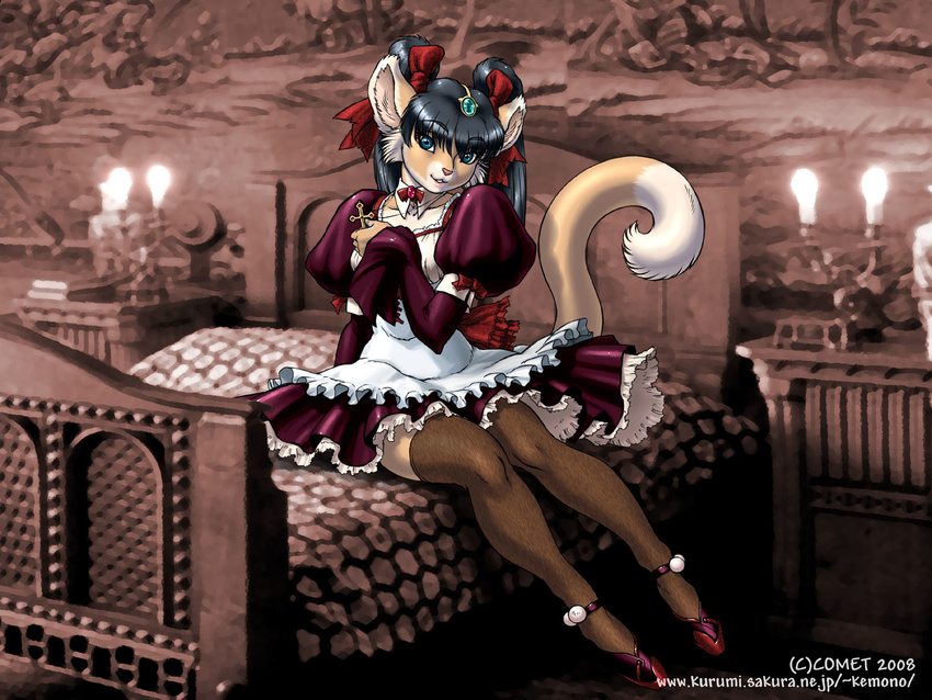 black_hair dr_comet dress female hair looking_at_viewer maid maid_uniform pantyhose sitting skirt solo