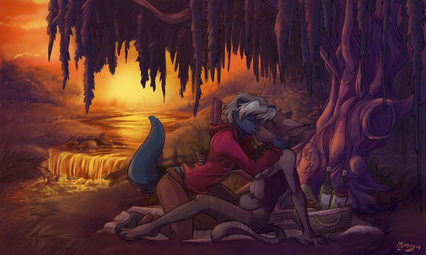 &hearts; alcohol basket beverage bread clothed clothing evening fancy-fancy fancy_(character) female food gay graffiti hemmy kissing lesbian love male mingchee nude outside picnic river romantic sunset tree water waterfall wine wood