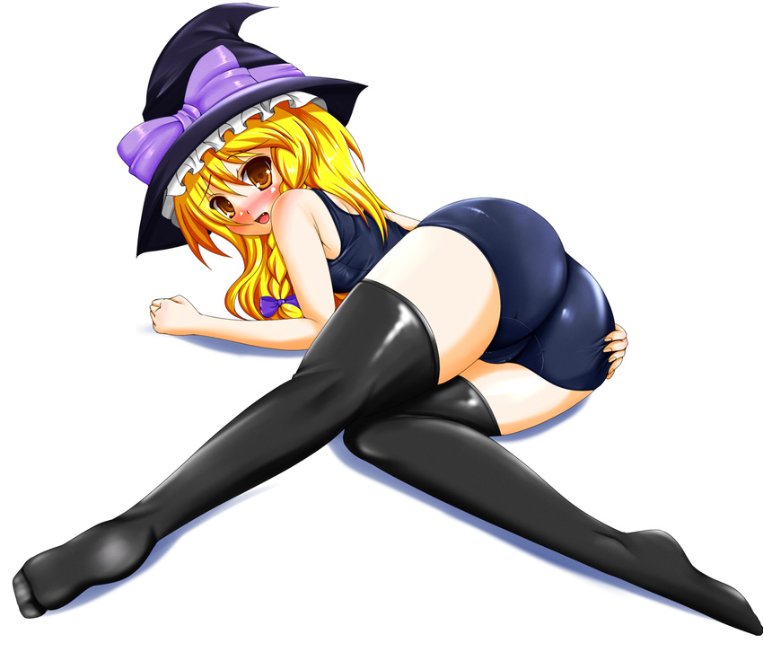ass bad_id bad_pixiv_id black_legwear blonde_hair blush bow braid embarrassed fang from_behind hair_bow hair_ornament hat highres kirisame_marisa long_hair looking_back lying on_stomach one-piece_swimsuit open_mouth school_swimsuit solo swimsuit tera_hiroshi thighhighs touhou witch_hat yellow_eyes zettai_ryouiki