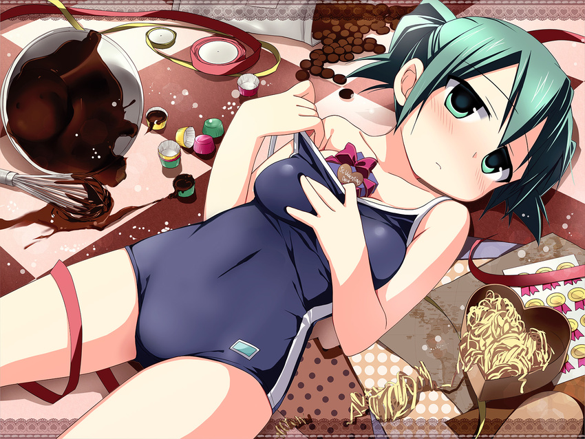 blush bowl chocolate competition_school_swimsuit gift green_eyes green_hair heart hidamari_sketch highres lying mixing_bowl nagayama_yuunon nori on_back one-piece_swimsuit ribbon school_swimsuit short_hair short_twintails solo spill swimsuit twintails undressing valentine wallpaper whisk