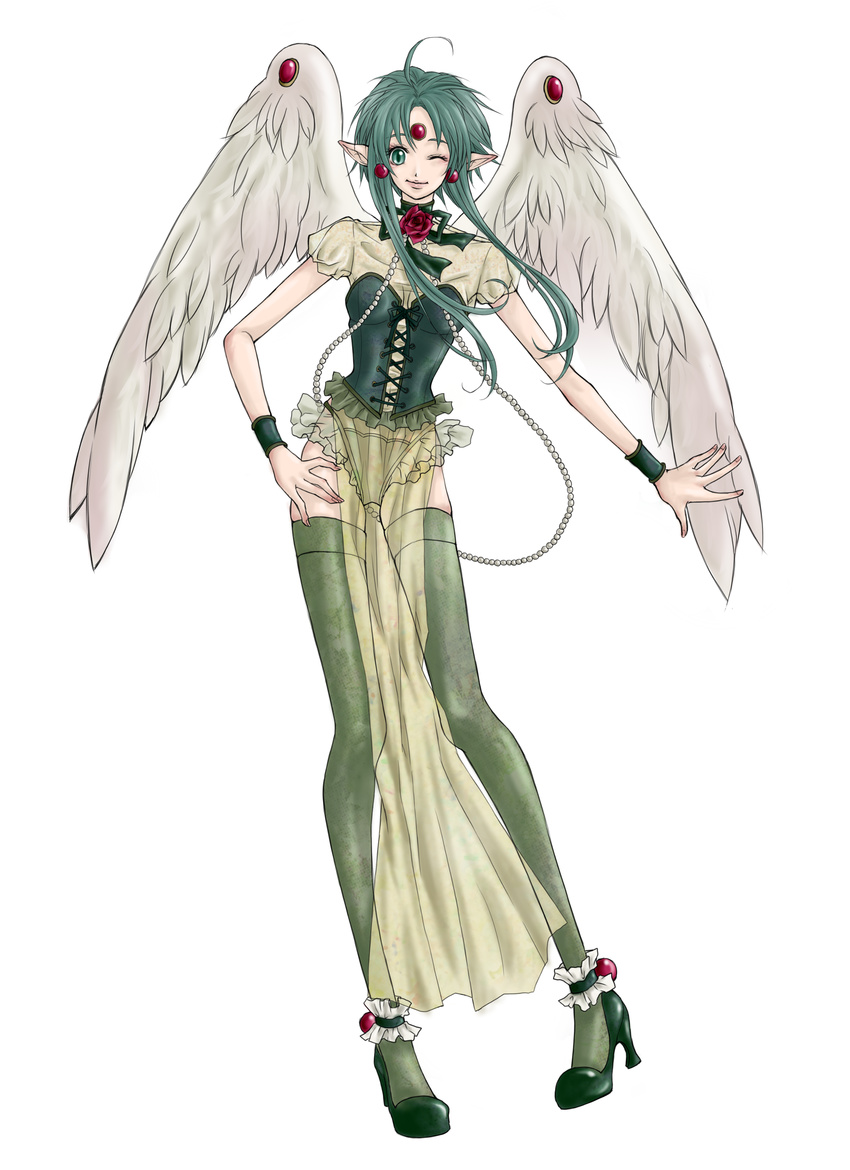 absurdres ahoge angel_wings ankle_cuffs bad_proportions bow choker earrings finn_fish flower frills green_hair green_legwear high_heels highres jewelry kamikaze_kaitou_jeanne pointy_ears red_flower red_rose ribbon rio218 rose see-through shoes short_hair sidelocks solo thighhighs wings wrist_cuffs