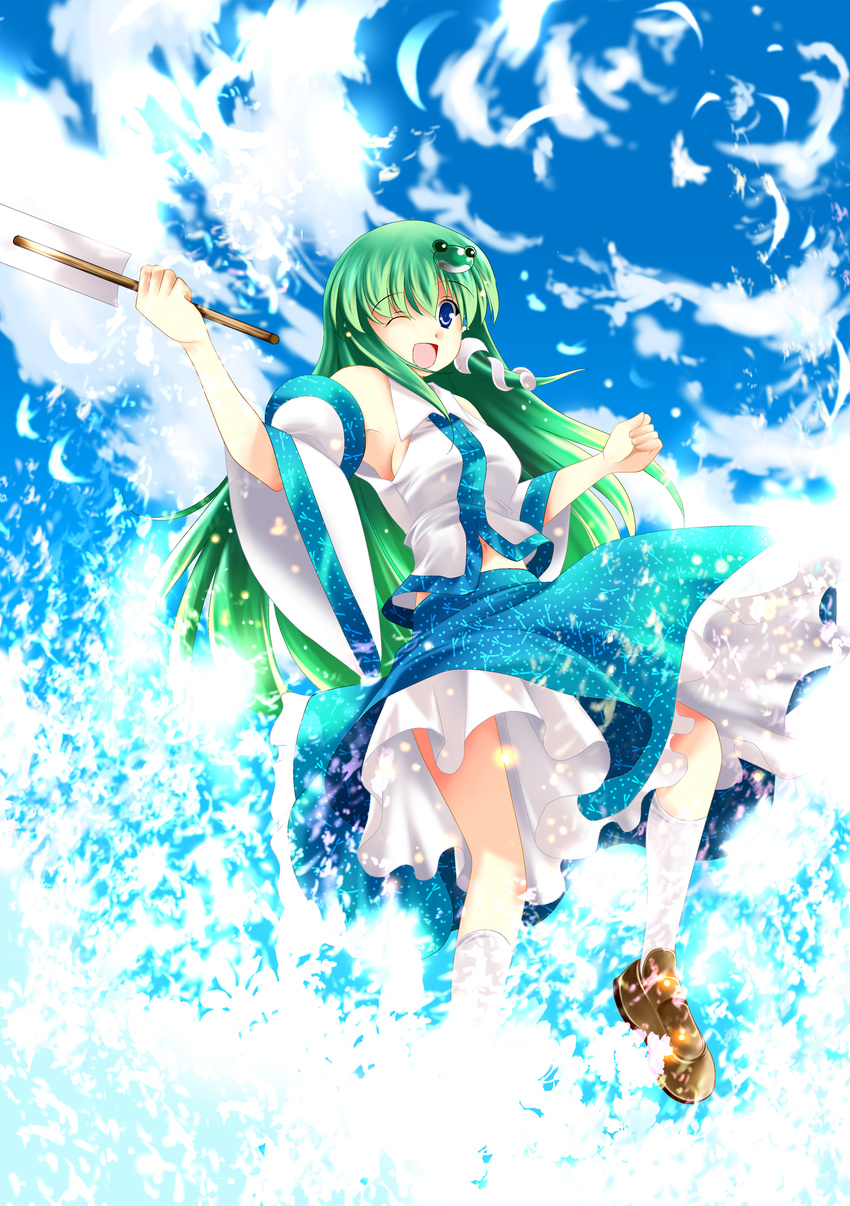 absurdres blue_eyes cloud day detached_sleeves frog gohei green_hair hair_ornament highres kochiya_sanae long_hair navel one_eye_closed open_mouth sky snake solo splashing touhou usuusu water