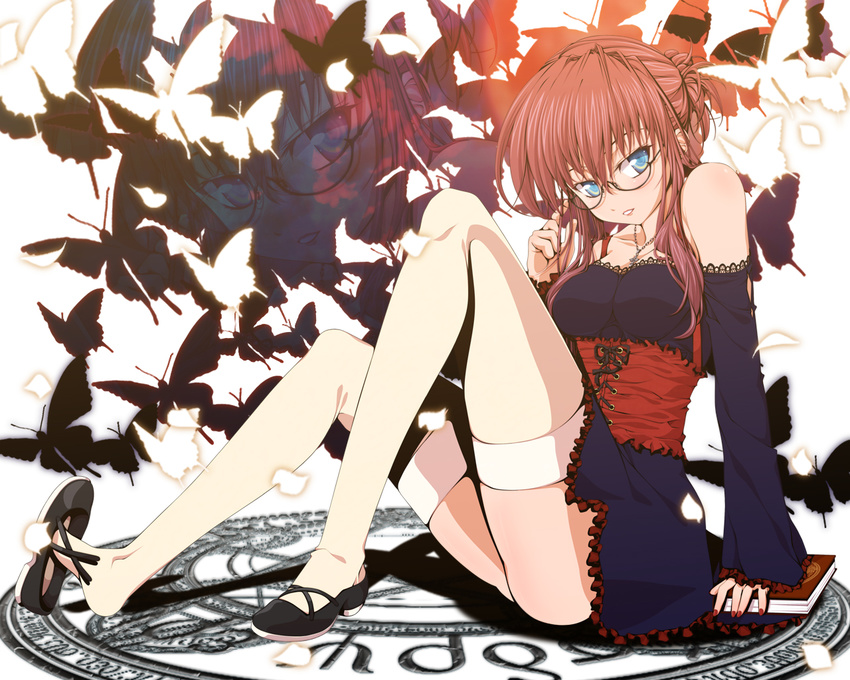 arm_support bespectacled blue_eyes bug butterfly chikage_(sister_princess) detached_sleeves glasses insect lipstick makeup purple_hair schneider117 shoe_dangle sister_princess sitting solo thighhighs zoom_layer