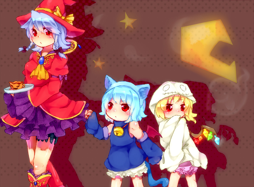 animal_ears bad_id bad_pixiv_id bat_wings blonde_hair bloomers blue_hair cat_ears cat_tail crescent cup fake_animal_ears flandre_scarlet halloween hat izayoi_sakuya multiple_girls red_eyes remilia_scarlet soiri_(us) star tail teacup touhou underwear wings witch_hat younger