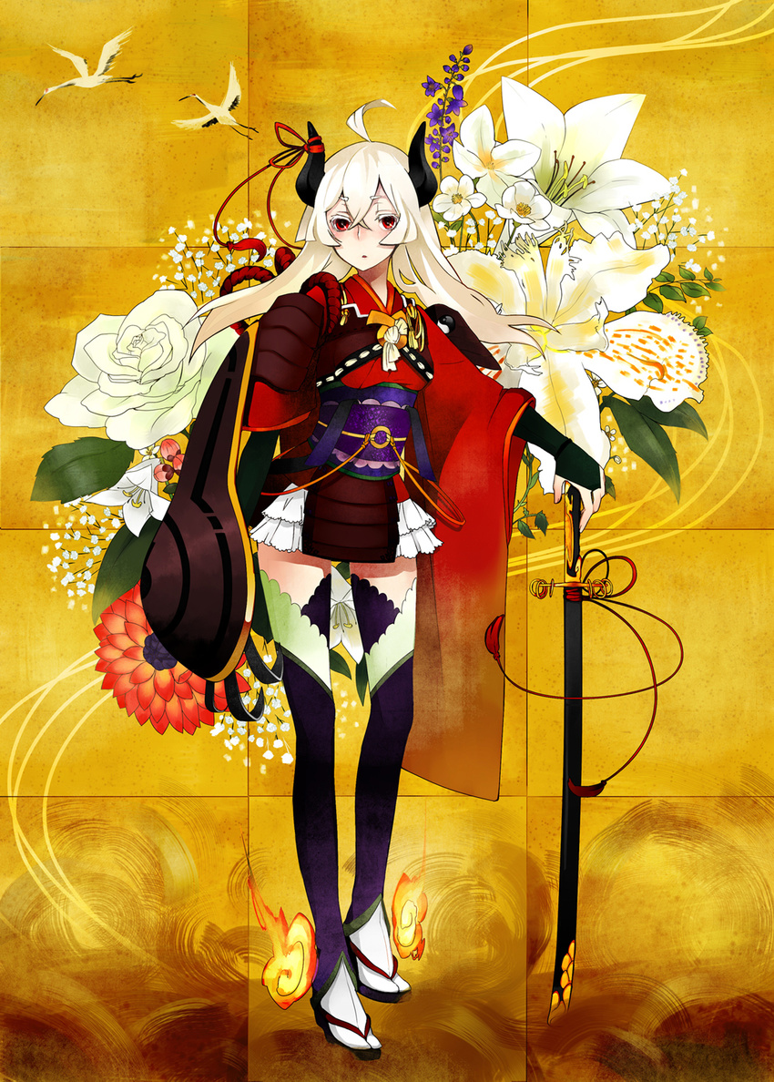 albino armor baby's-breath bellflower bird bridal_gauntlets claws colored_eyelashes eyelashes fire floral_background flower full_body heron highres horns japanese_clothes lily_(flower) long_hair long_sleeves obi original red_eyes rose sash scabbard sheath shield solo sword tensui_(yumemoyou) weapon white_flower white_hair white_rose wide_sleeves