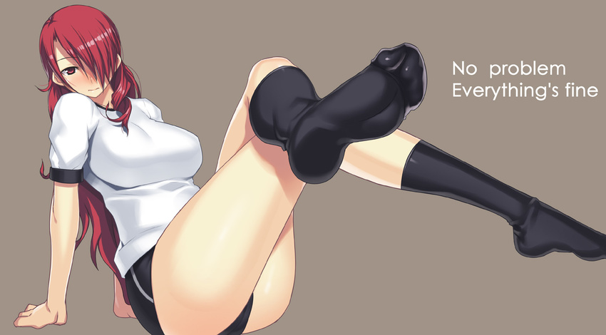 arm_support black_legwear blush breasts crossed_legs darabuchi english feet foreshortening gym_uniform hair_over_one_eye kirijou_mitsuru large_breasts legs long_hair persona persona_3 pov_feet red_eyes red_hair simple_background sitting socks soles solo