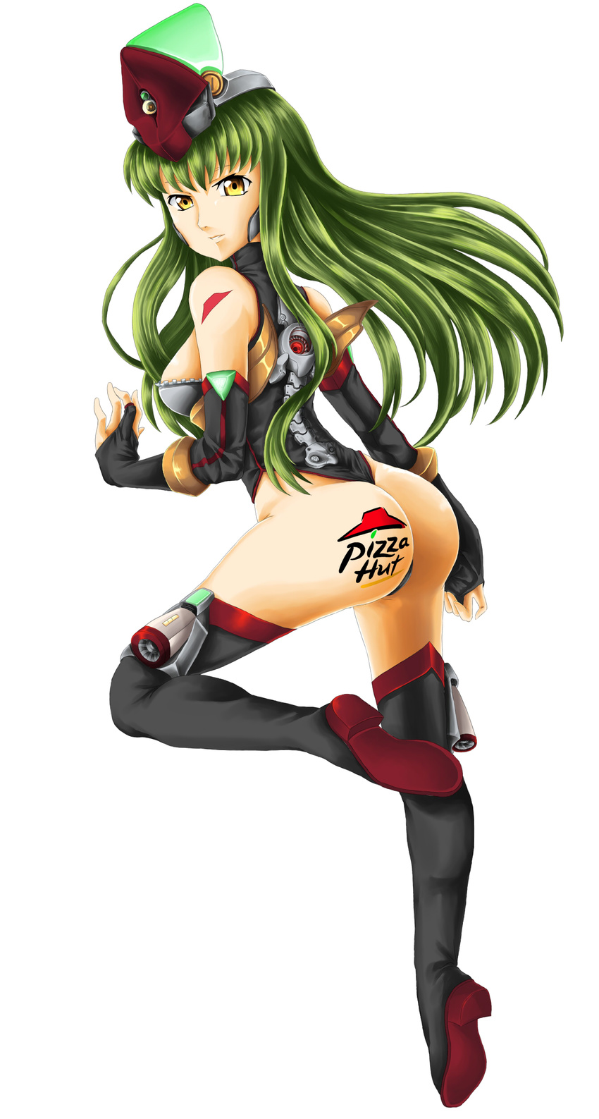 absurdres armor ass bare_shoulders black_legwear boots c.c. code_geass detached_sleeves drawfag fingerless_gloves from_behind gloves green_hair hat highres long_hair looking_back non-web_source pizza_hut product_placement simple_background solo tattoo thigh_boots thighhighs very_long_hair white_background yellow_eyes