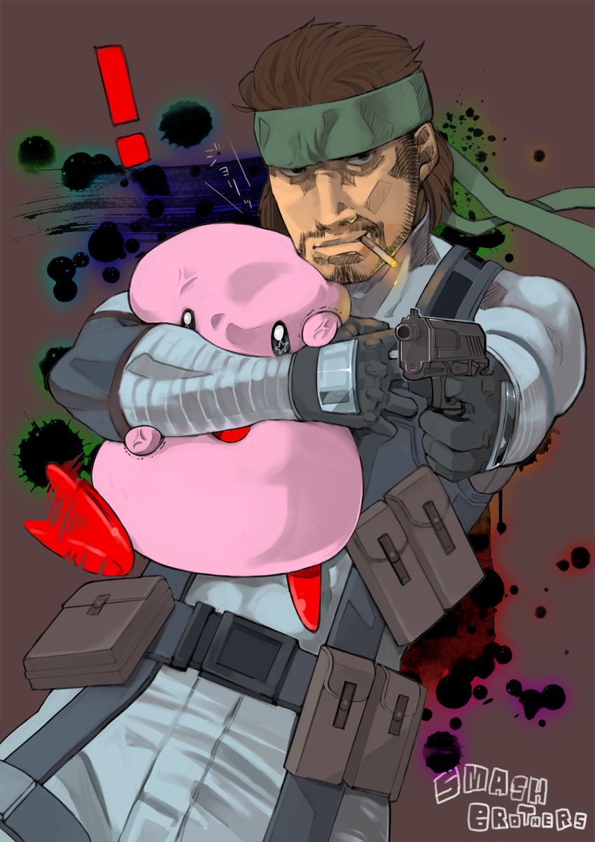 1boy aiming_at_viewer beard belt belt_pouch brown_hair cigarette copyright_name facial_hair gun handgun headband highres hug kirby kirby_(series) male_focus metal_gear_(series) mustache pistol pouch smoking sneaking_suit solid_snake star super_smash_bros. symbol-shaped_pupils tsurusaki_yuu weapon