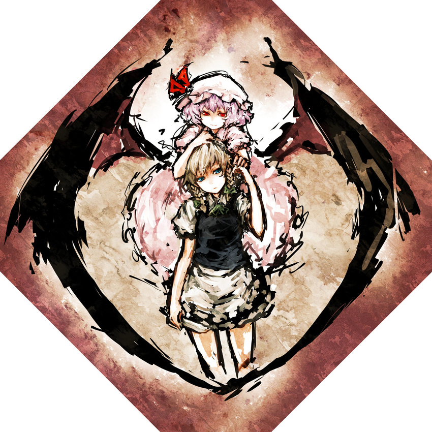 bad_id bad_pixiv_id bat_wings blue_eyes bow braid dress hair_bow hat head_rest highres hima_(mizu_ni_tsuyoi) izayoi_sakuya knife maid maid_headdress multiple_girls purple_hair red_eyes remilia_scarlet short_hair silver_hair smile touhou twin_braids wings