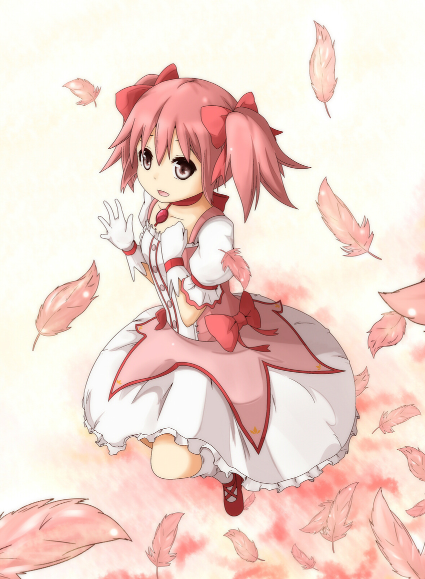 choker feathers from_above gloves hand_on_own_chest highres kaname_madoka magical_girl mahou_shoujo_madoka_magica pink_hair puffy_sleeves short_hair solo twintails ukami white_gloves