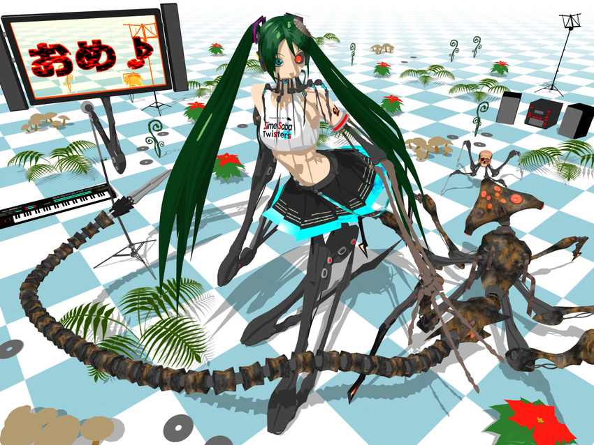 1girl 3d bare_shoulders bone bug calne_ca cd checkered checkered_floor chibi_karu-san cosplay crop_top cyborg deino fern floor flower green_hair hatsune_miku hatsune_miku_(cosplay) heterochromia instrument isopod karune_calcium maeda_koutarou magnesium_(deino) magnesium_(maeda_koutarou) midriff miniskirt monitor mushroom music_stand plant poinsettia skirt skull speaker stereo synthesizer tank_top twintails vocaloid