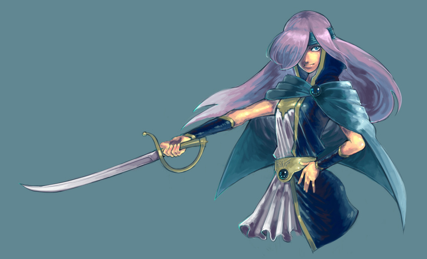 androgynous blue_eyes cape faris_scherwiz final_fantasy final_fantasy_v glorel hair_over_one_eye hand_on_hip hands headband long_hair outstretched_arm purple_hair reverse_trap simple_background sleeveless smile solo sword weapon