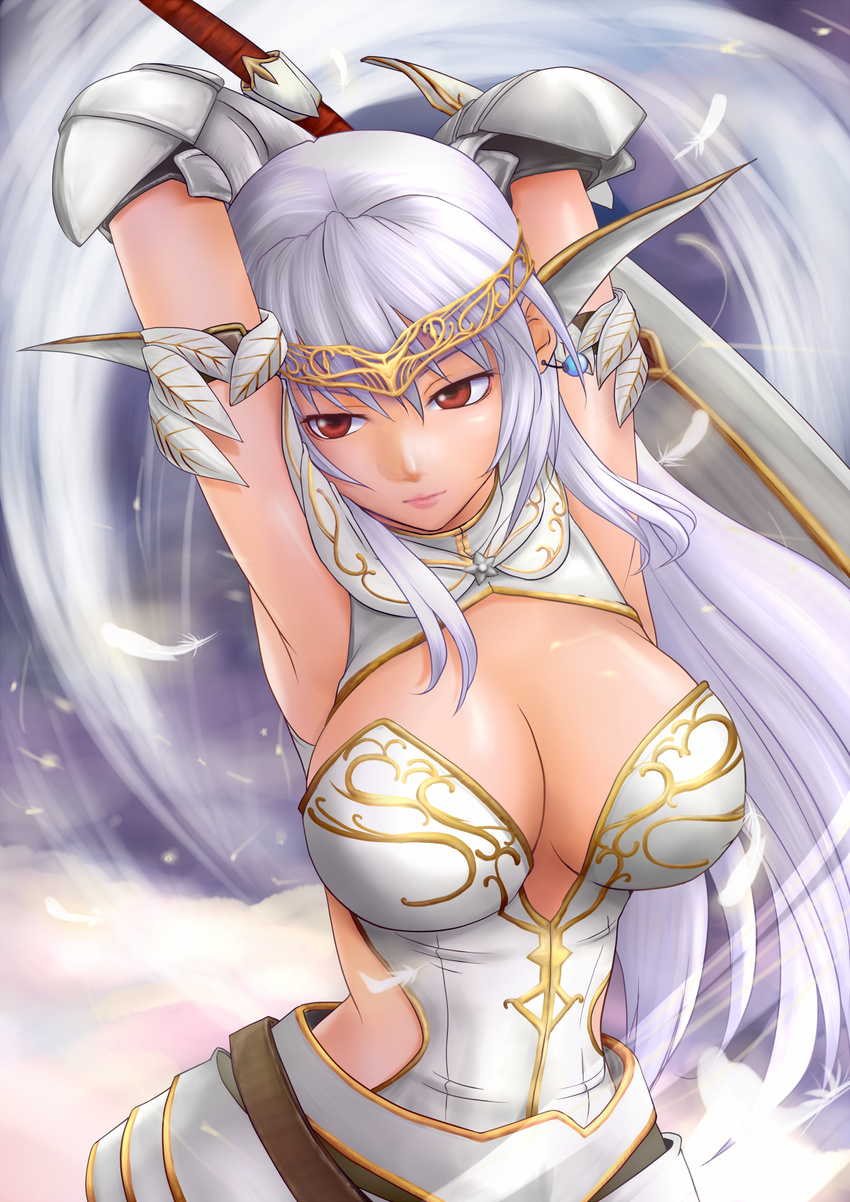 armor armpits arms_behind_head breasts brown_eyes buran_(armor) circlet cleavage feathers haneori highres large_breasts long_hair monster_hunter monster_hunter_frontier silver_hair solo sword weapon