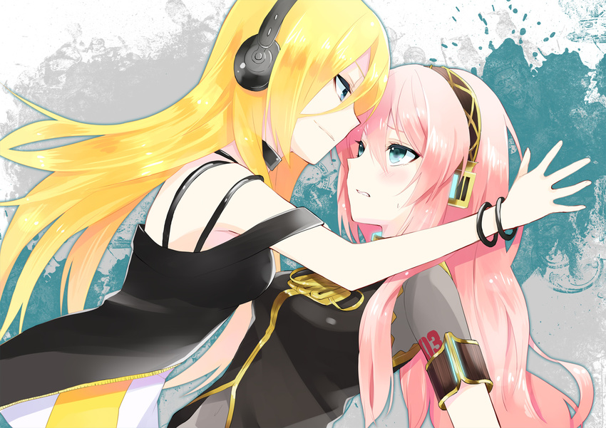 aqua_eyes armband blonde_hair blush bracelet headphones hijiki_(hijikini) jewelry lily_(vocaloid) long_hair megurine_luka multiple_girls open_mouth pink_hair vocaloid yuri