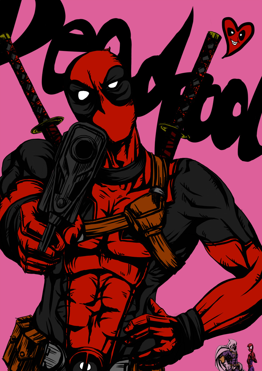 aiming_at_viewer character_name deadpool gun highres katana marvel midrox multiple_boys spider-man spider-man_(series) sword taskmaster weapon