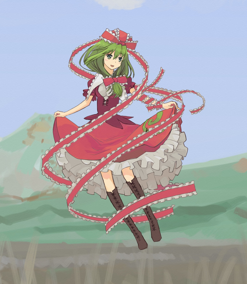 boots bow breasts dress frills front_ponytail green_eyes green_hair hair_bow hair_ornament hair_ribbon highres kagiyama_hina long_hair medium_breasts open_mouth pinzu ribbon short_hair skirt skirt_lift smile solo spinning touhou