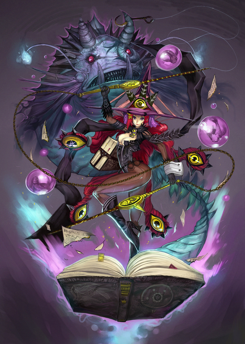 absurdres book boots breasts chain cleavage demon fish fishing_hook flying_fish gloves hat headdress hector_enrique_sevilla_lujan high_heels highres horns long_hair magic medium_breasts original pantyhose pentagram purple_eyes red_eyes red_hair shoes solo very_long_hair whip witch witch_hat
