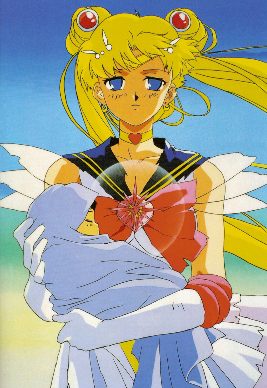 baby bishoujo_senshi_sailor_moon bishoujo_senshi_sailor_moon_s blonde_hair blue_eyes cap choker double_bun double_buns earrings elbow_gloves gloves highres jewelry messy_hair open_mouth sad sailor_moon screencap sleeping sleeveless super_sailor_moon tomoe_hotaru torn_clothes tsukino_usagi twintails wind