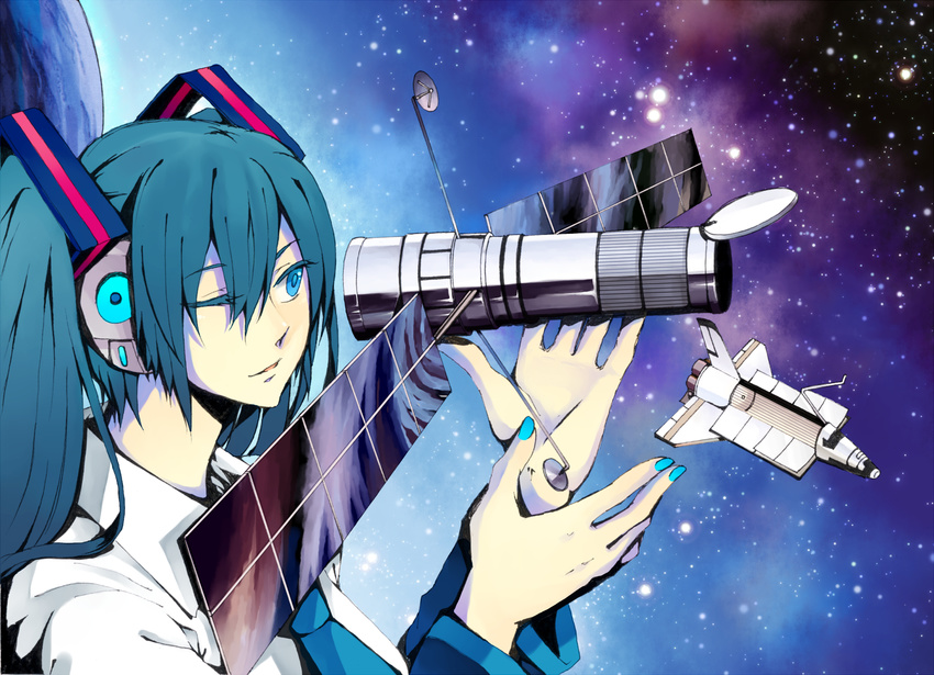 aqua_eyes aqua_hair detached_sleeves earth fleur-de-lis giantess hatsune_miku highres hubble long_hair nail_polish necktie one_eye_closed smile solo space space_craft space_shuttle twintails vocaloid