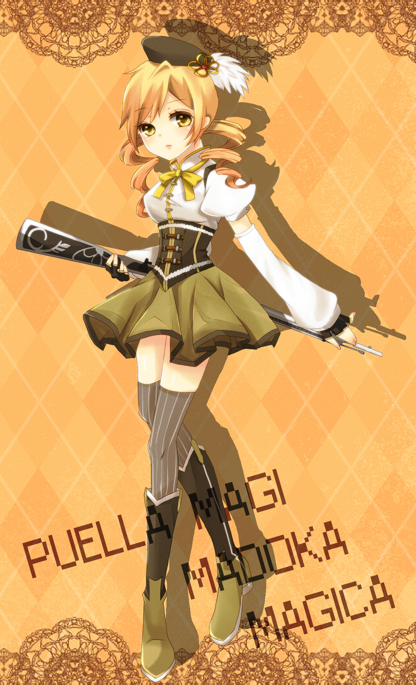 beret blonde_hair boots corset detached_sleeves drill_hair fingerless_gloves gloves gun hat highres magical_musket mahou_shoujo_madoka_magica nsnmy puffy_sleeves rifle shadow solo thighhighs tomoe_mami weapon yellow_eyes