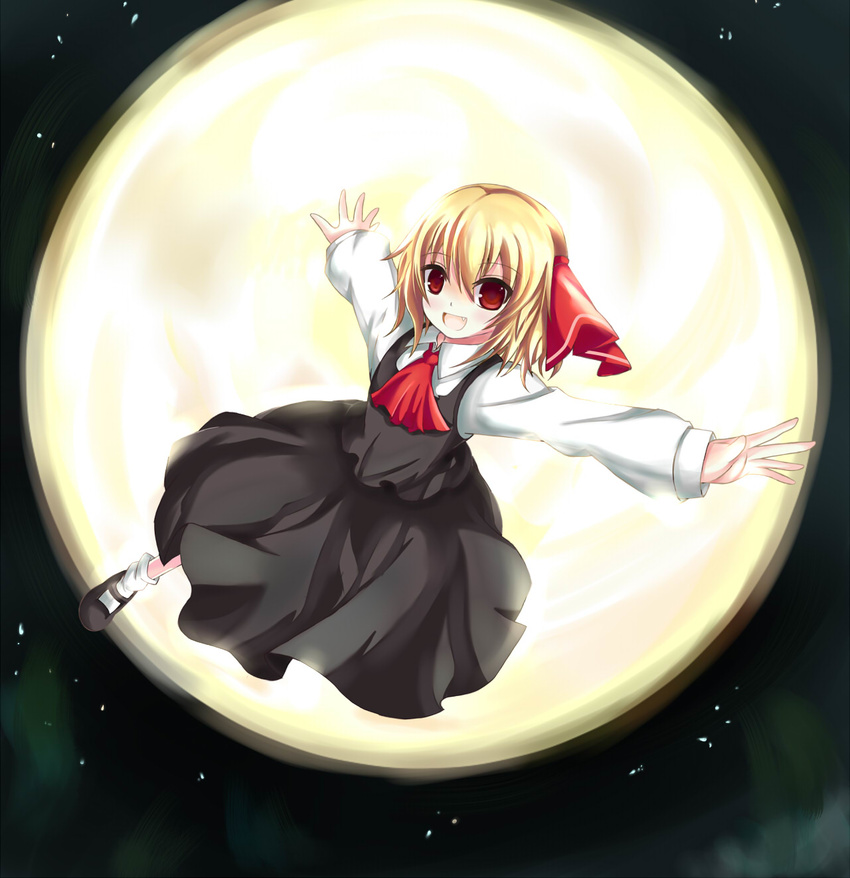 ascot blonde_hair cradle_(2849) full_moon highres mary_janes moon outstretched_arms red_eyes rumia shoes short_hair solo spread_legs touhou