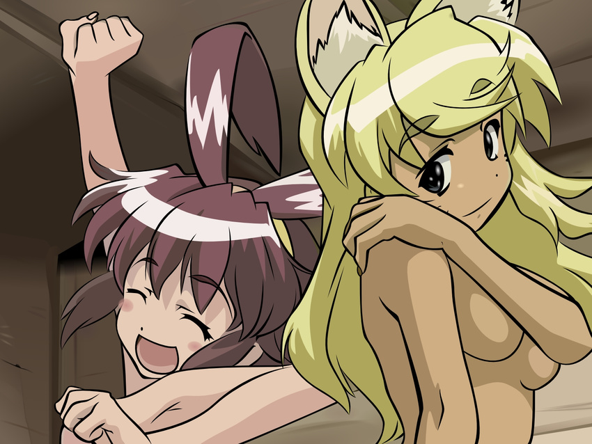 animal_ears black_eyes blonde_hair canine covering_self darkskin eyes_closed face_markings female group hair liru long_blonde_hair long_hair long_purple_hair markings ookamimimi purple_hair renkin_3-kyuu_magical?_pokahn soft standing stretching uma unknown_artist whisker_markings wolf wolfgirl